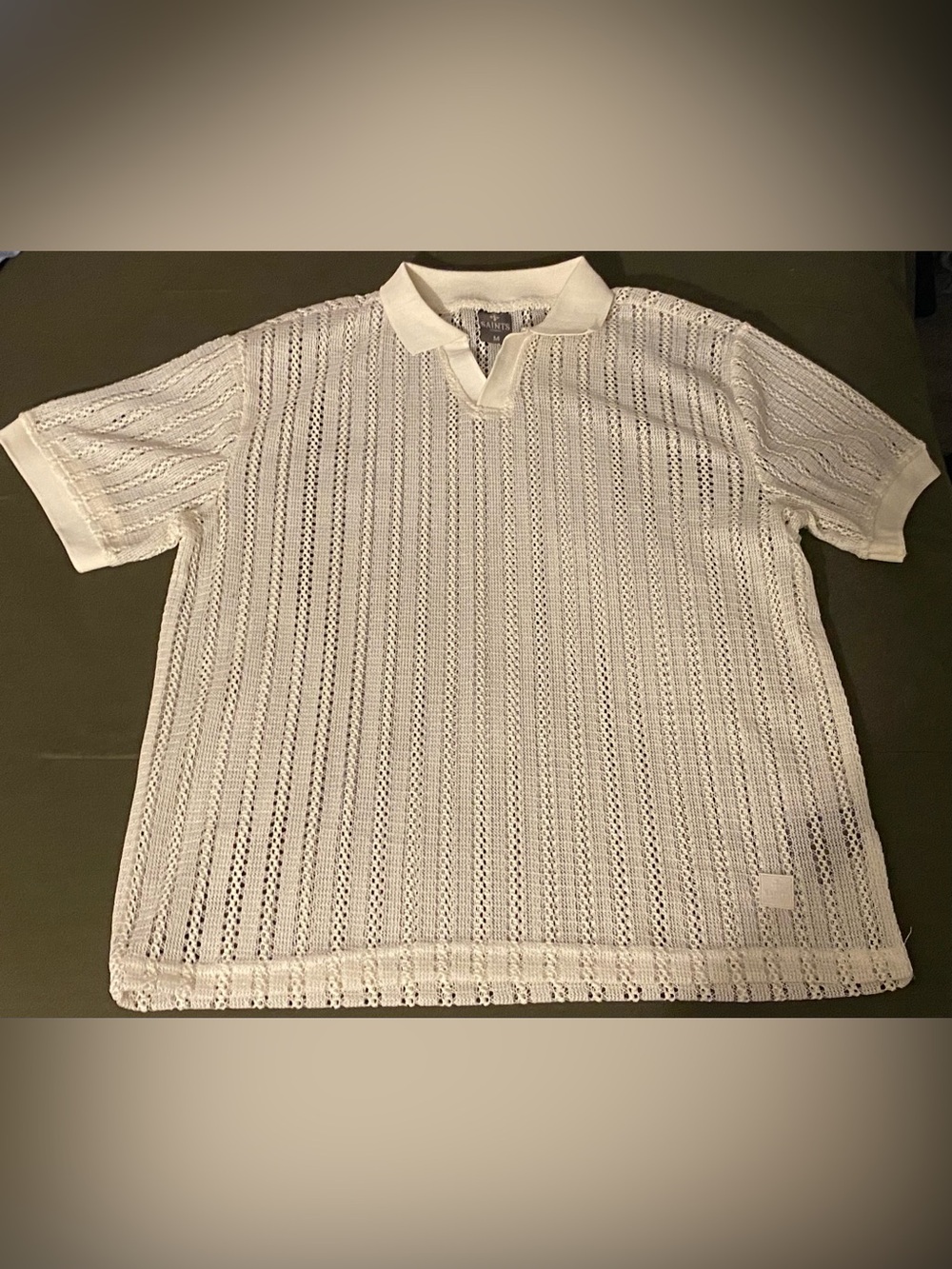 All Saints White Open-Knit Short Sleeve Polo